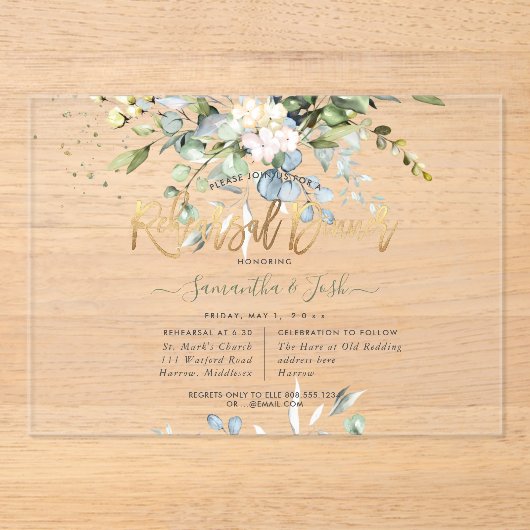 Watercolor Dusty Blue Eucalyptus Rehearsal Dinner アクリル招待状 (正面)