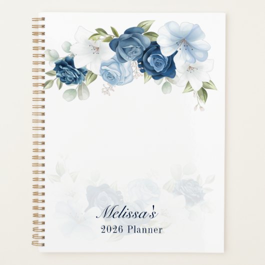 Watercolor Dusty Blue Floral 2026 プランナー手帳 (正面)