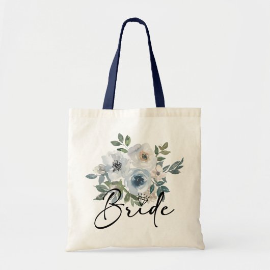 Watercolor Dusty Blue Floral Bride トートバッグ (正面)