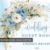 Watercolor Dusty Blue Floral Gold Glitter Wedding ゲストブック