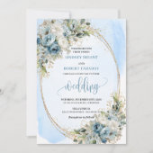 Watercolor Dusty Blue Floral Gold Wedding Invite 招待状 (正面)