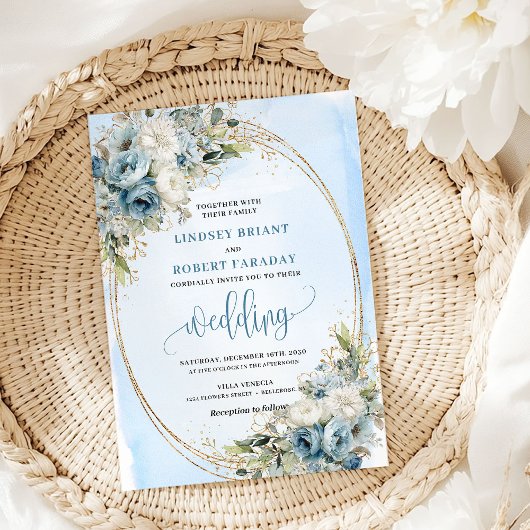 Watercolor Dusty Blue Floral Gold Wedding Invite 招待状