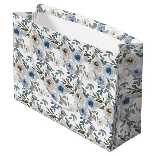 Watercolor Dusty Blue Floral Wedding  ラージペーパーバッグ (裏面アングル)