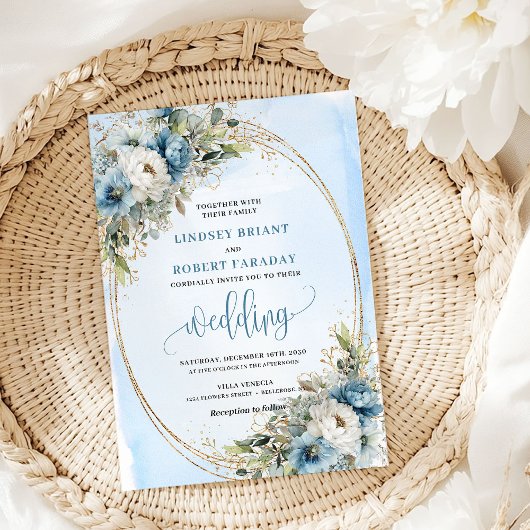 Watercolor Dusty Blue Floral wedding invitation 招待状