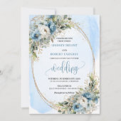 Watercolor Dusty Blue Floral wedding invitation 招待状 (正面)