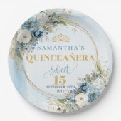Watercolor Dusty Blue Flowers Gold Name Quince  ペーパープレート (正面)