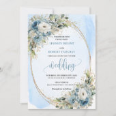 Watercolor Dusty Blue Flowers Gold Wedding Invites 招待状 (正面)