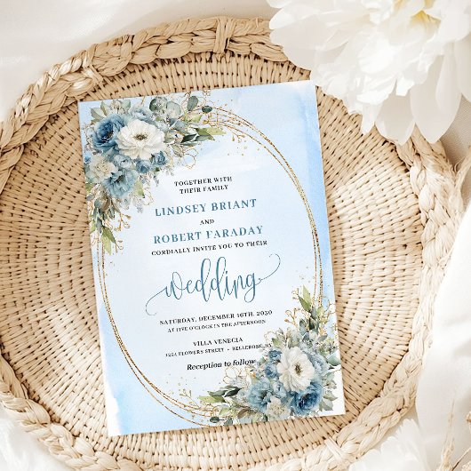 Watercolor Dusty Blue Flowers Gold Wedding Invites 招待状