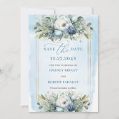 Watercolor Dusty Blue White Gold Floral Save Date 招待状 (正面)