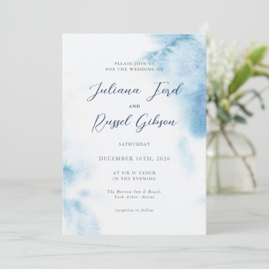 Watercolor Dusty Blue Winter Wedding Invitation 招待状 (スタンド正面)