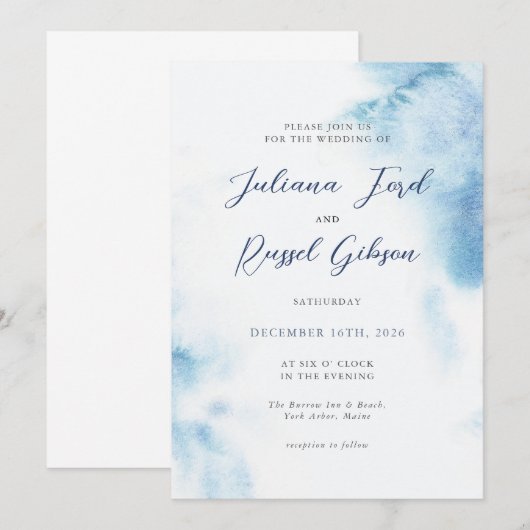 Watercolor Dusty Blue Winter Wedding Invitation 招待状 (正面/裏面)