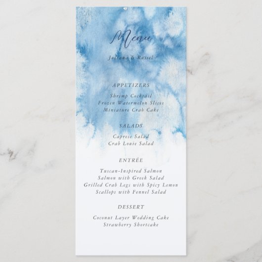 Watercolor Dusty Blue Winter Wedding Menu メニュー (正面)