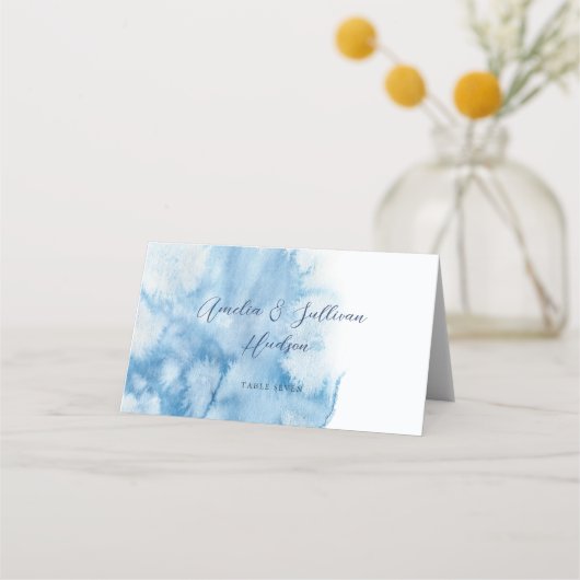 Watercolor Dusty Blue Winter Wedding Place Card プレイスカード (正面)
