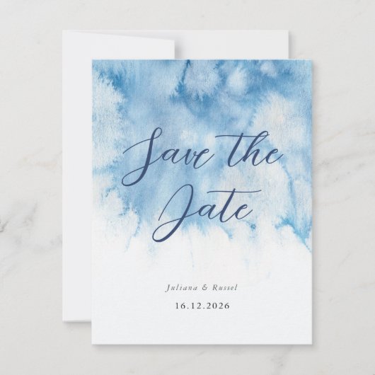 Watercolor Dusty Blue Winter Wedding Save The Date セーブザデート (正面)