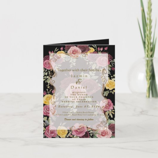 Watercolor Dusty Burgundy Yellow Roses/Black 招待状 (正面)
