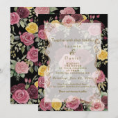 Watercolor Dusty Burgundy Yellow Roses/BlackFlat 招待状 (正面/裏面)