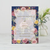 Watercolor Dusty Burgundy Yellow Roses/Blue Flat 招待状 (スタンド正面)