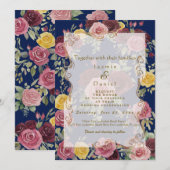 Watercolor Dusty Burgundy Yellow Roses/Blue Flat 招待状 (正面/裏面)