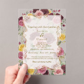 Watercolor Dusty Burgundy Yellow Roses/Clear アクリル招待状 (インサイチュ (ポータブル))