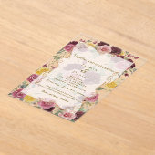 Watercolor Dusty Burgundy Yellow Roses/Clear アクリル招待状 (レイダウン)