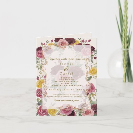 Watercolor Dusty Burgundy Yellow Roses/Cream 招待状 (正面)