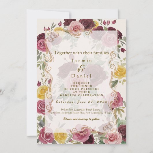 Watercolor Dusty Burgundy Yellow Roses/Cream Flat 招待状 (正面)