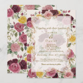 Watercolor Dusty Burgundy Yellow Roses/Cream Flat 招待状 (正面/裏面)