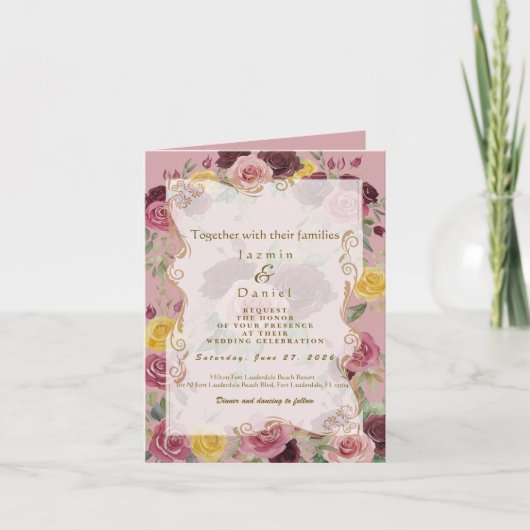 Watercolor Dusty Burgundy Yellow Roses/Pink 招待状 (正面)
