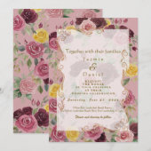 Watercolor Dusty Burgundy Yellow Roses/Pink Flat 招待状 (正面/裏面)