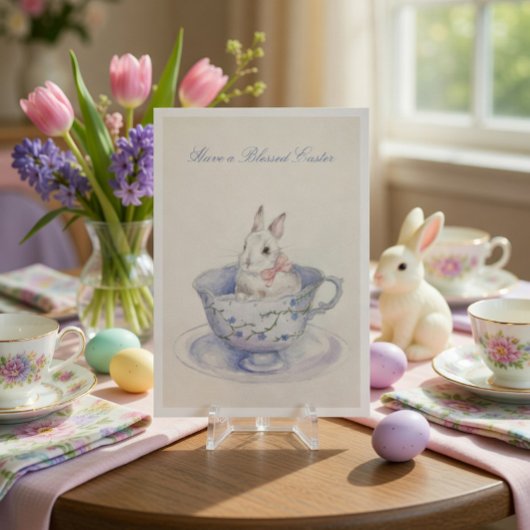 Watercolor Easter Bunny in Teacup Folded Holiday カード
