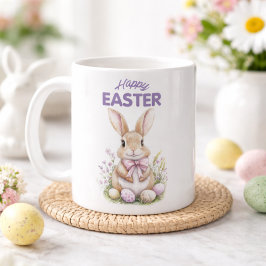 Watercolor Easter Bunny Purple Floral Happy Easter コーヒーマグカップ