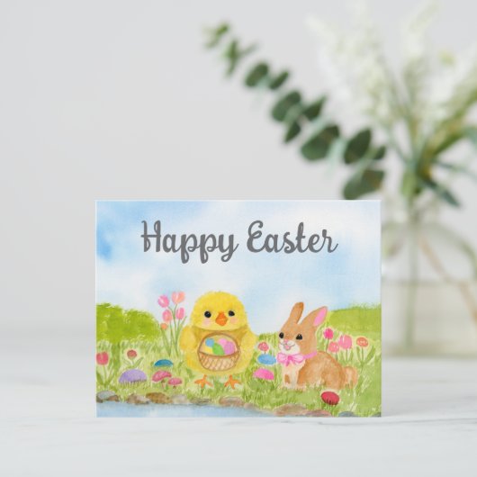  Watercolor Easter Egg Chick Easter Bunny  ポストカード (スタンド正面)