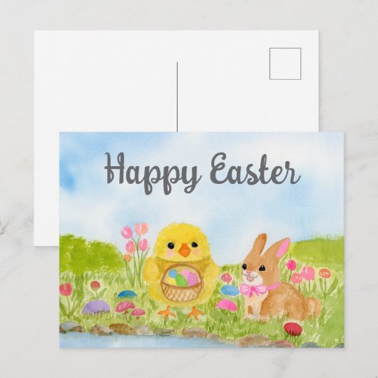  Watercolor Easter Egg Chick Easter Bunny  ポストカード (正面/裏面)