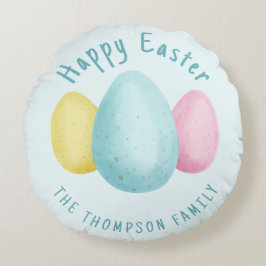 Watercolor Easter Eggs Blue Happy Easter ラウンドクッション