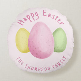 Watercolor Easter Eggs Pink Happy Easter ラウンドクッション