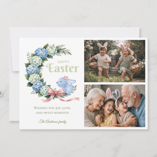 Watercolor Easter Hydrangea Cute Bunny 2 Photo シーズンカード (正面)