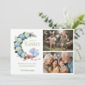 Watercolor Easter Hydrangea Cute Bunny 2 Photo シーズンカード (スタンド正面)