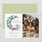 Watercolor Easter Hydrangea Cute Bunny Photo シーズンカード (正面/裏面)