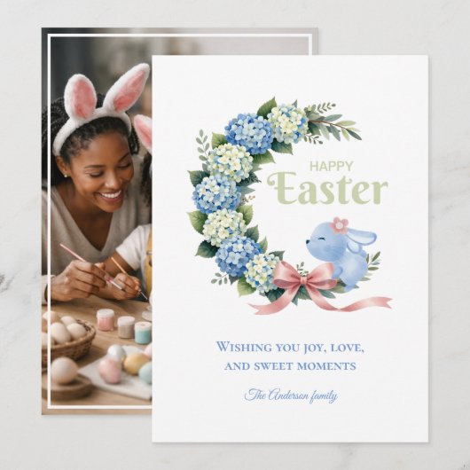 Watercolor Easter Hydrangea Cute Bunny Photo シーズンカード (正面/裏面)