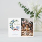 Watercolor Easter Hydrangea Cute Bunny Photo ポストカード (スタンド正面)
