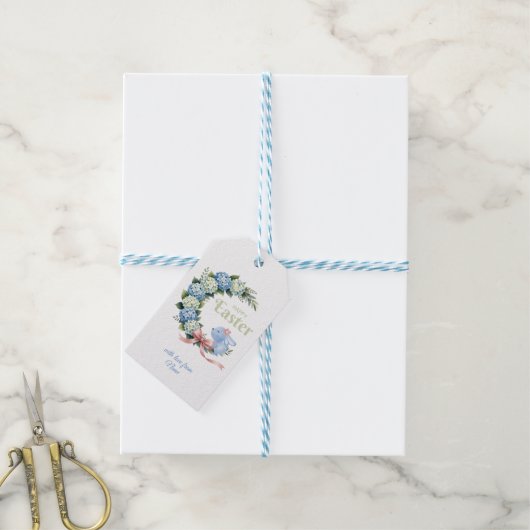 Watercolor Easter Hydrangea Wreath Cute Bunny ギフトタグ (より糸付き)