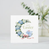 Watercolor Easter Hydrangea Wreath Cute Bunny シーズンカード (スタンド正面)