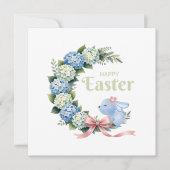 Watercolor Easter Hydrangea Wreath Cute Bunny シーズンカード (正面)
