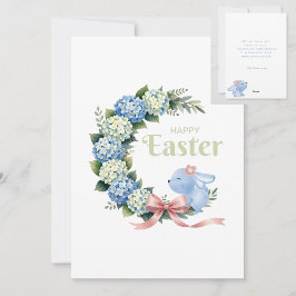Watercolor Easter Hydrangea Wreath Cute Bunny シーズンカード