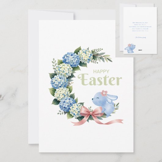 Watercolor Easter Hydrangea Wreath Cute Bunny シーズンカード