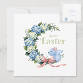 Watercolor Easter Hydrangea Wreath Cute Bunny シーズンカード