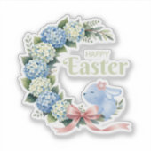 Watercolor Easter Hydrangea Wreath Cute Bunny シール (正面)