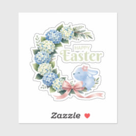 Watercolor Easter Hydrangea Wreath Cute Bunny シール