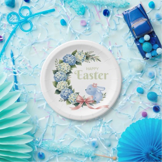 Watercolor Easter Hydrangea Wreath Cute Bunny ペーパープレート (パーティー)