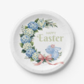 Watercolor Easter Hydrangea Wreath Cute Bunny ペーパープレート (正面)
